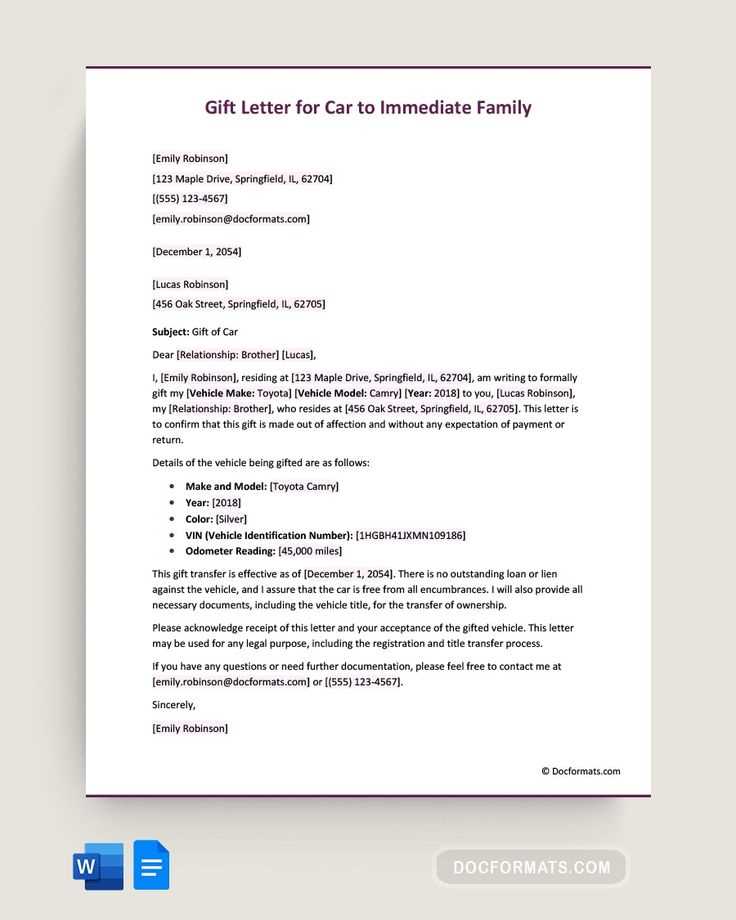 printable car gift letter family member
