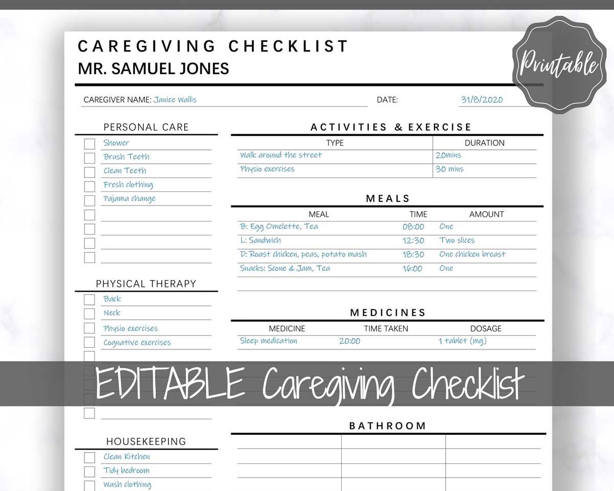 printable caregiver daily checklist template