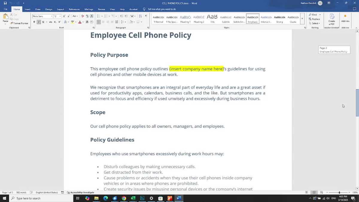 printable cell phone policy template