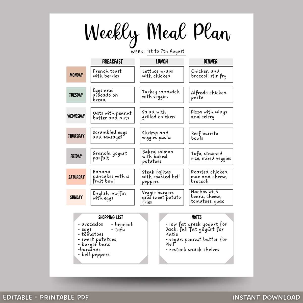 printable monthly menu planner