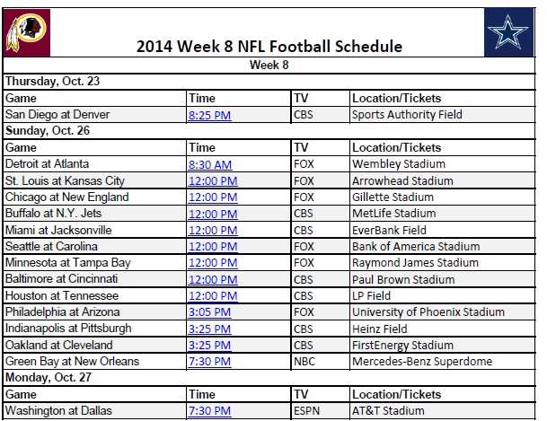 printable nfl schedule week 8