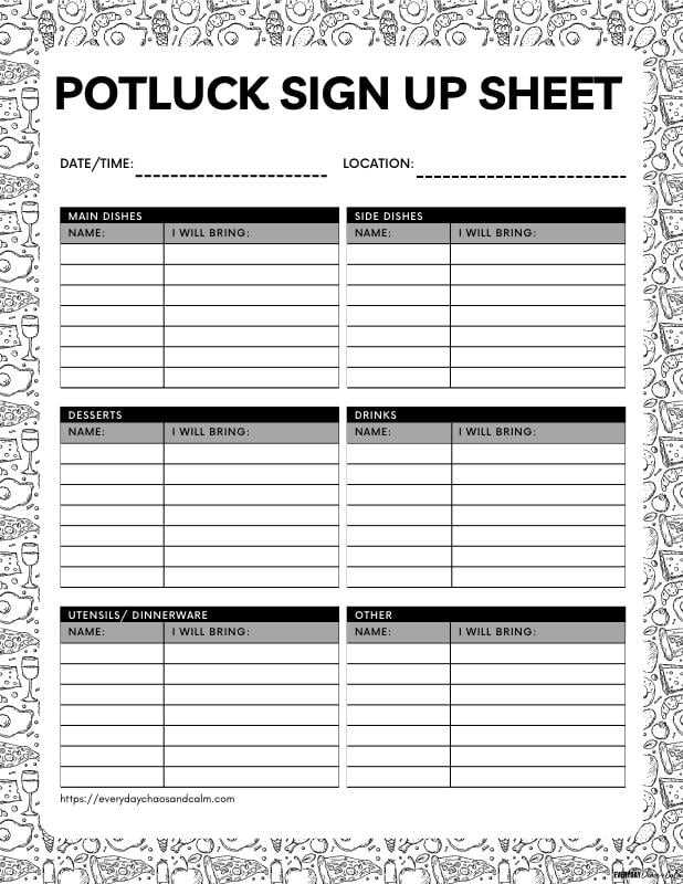 printable potluck sign ups