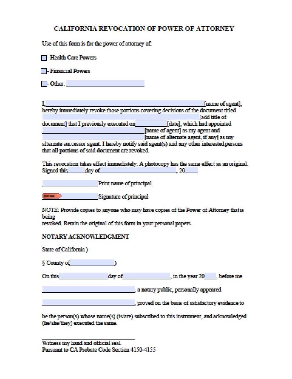 printable power of attorney form california