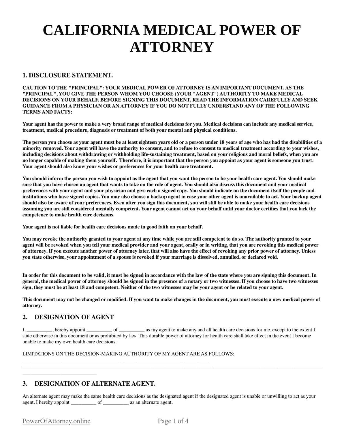 printable power of attorney form california
