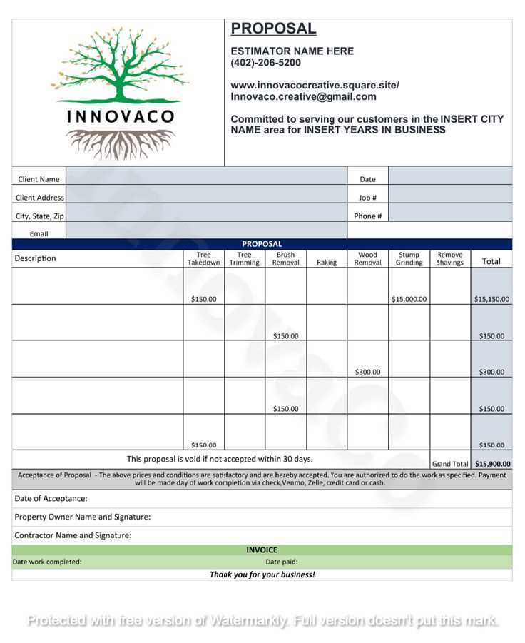 printable tree service estimate template