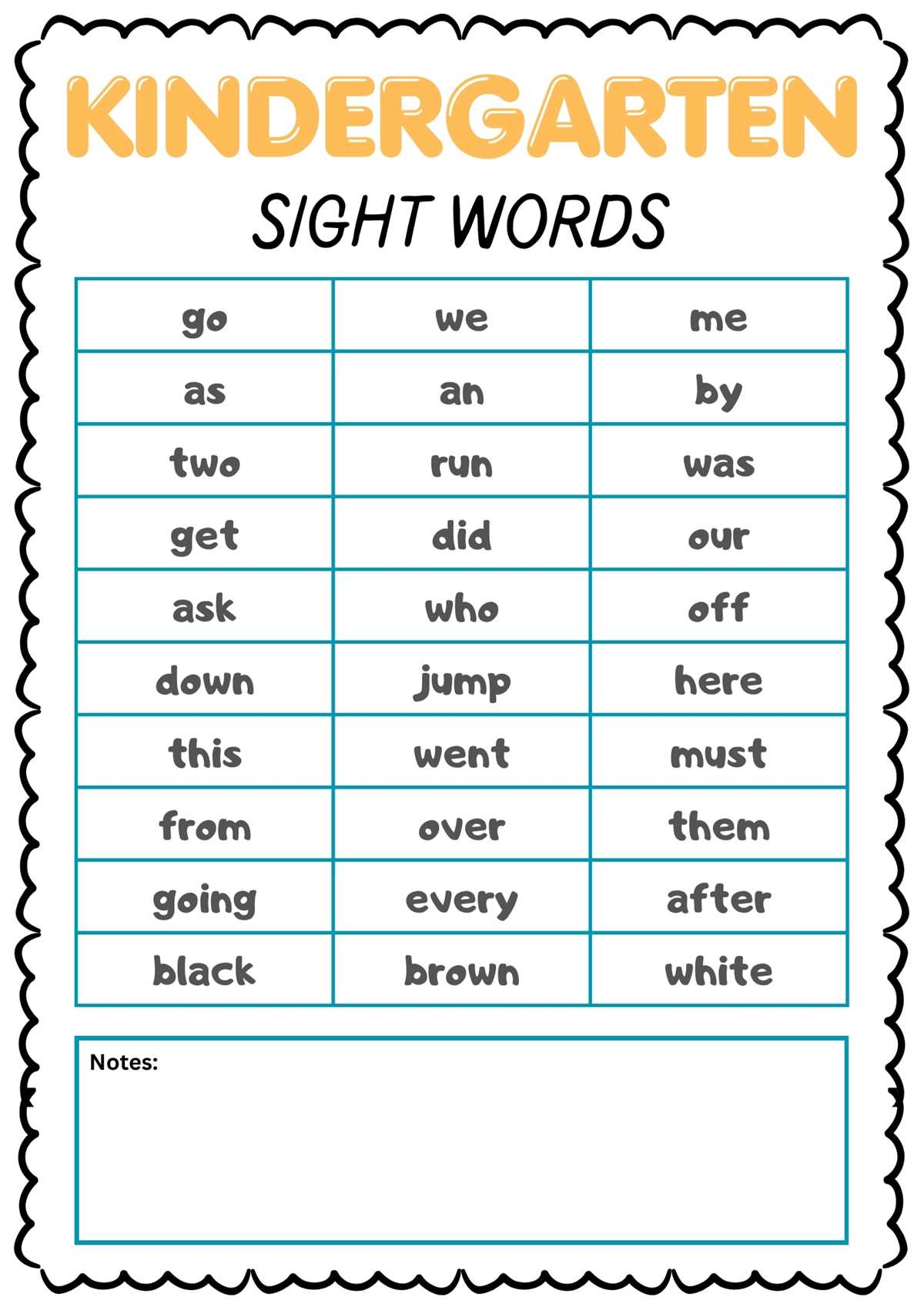 sight words list kindergarten printables