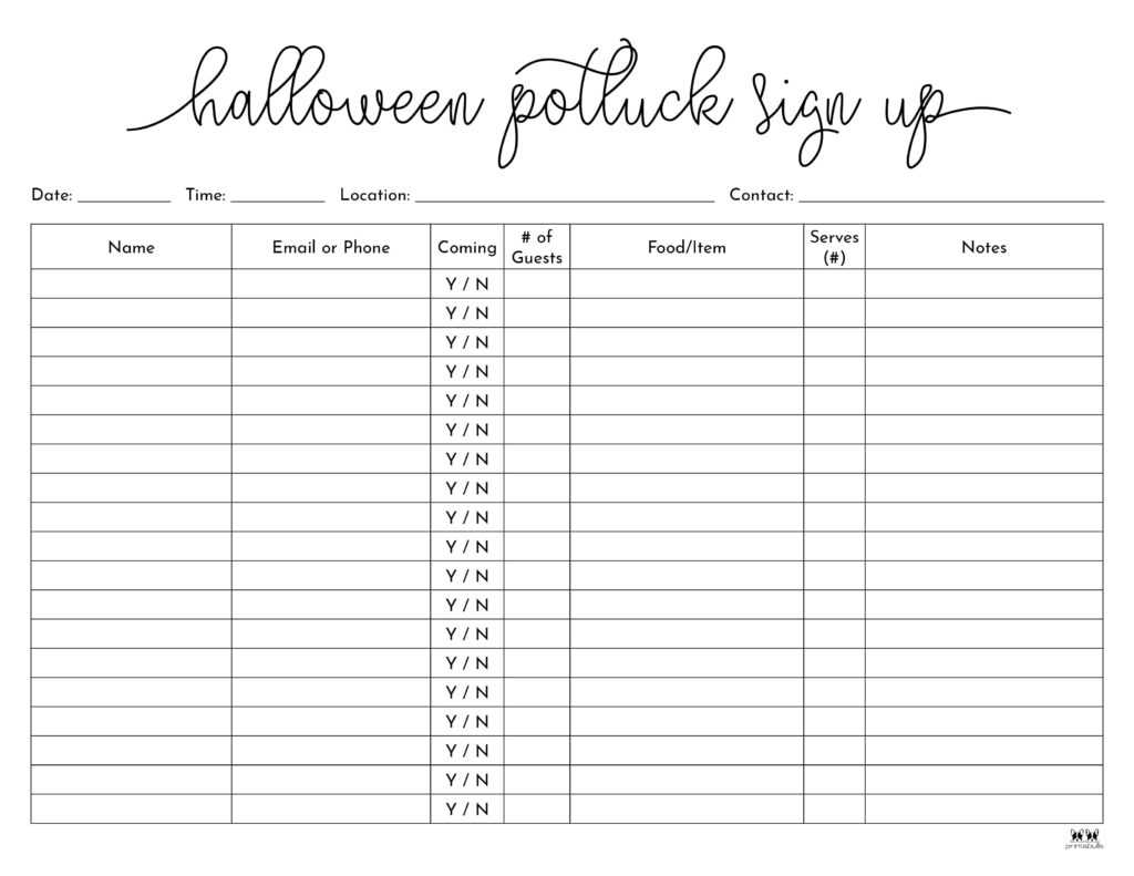 free printable halloween potluck sign up sheet printable