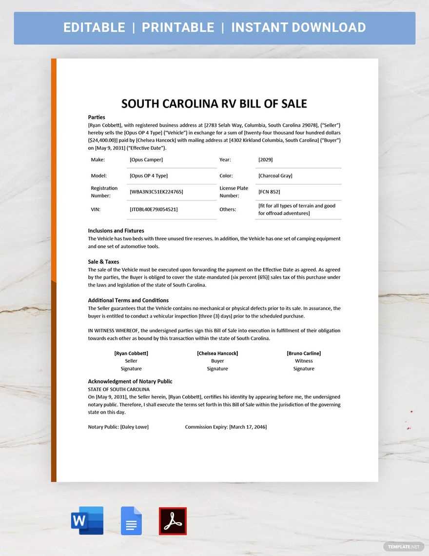 printable travel trailer camper bill of sale template