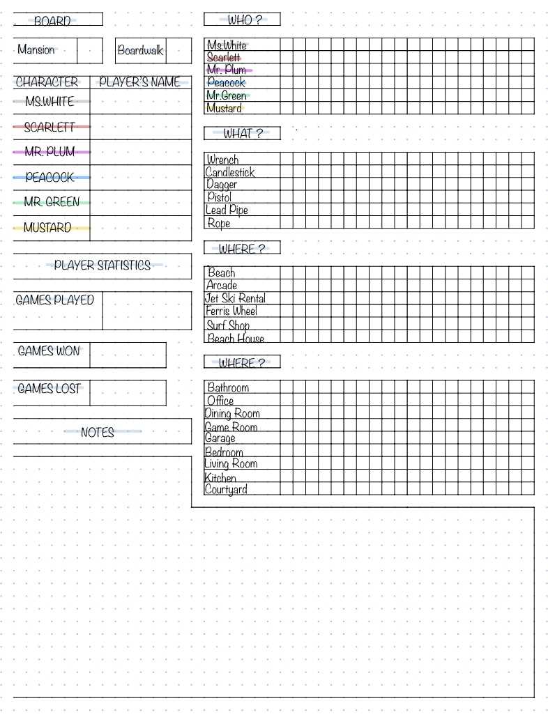 clue printable game sheets