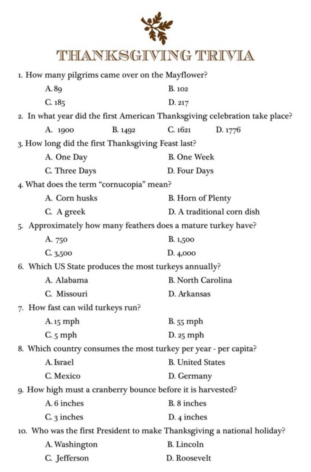 printable trivia sheets