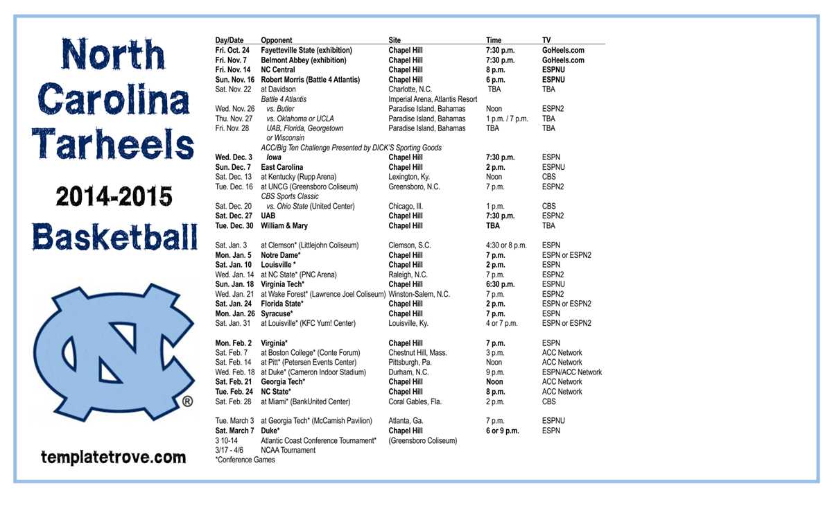 unc printable basketball schedule