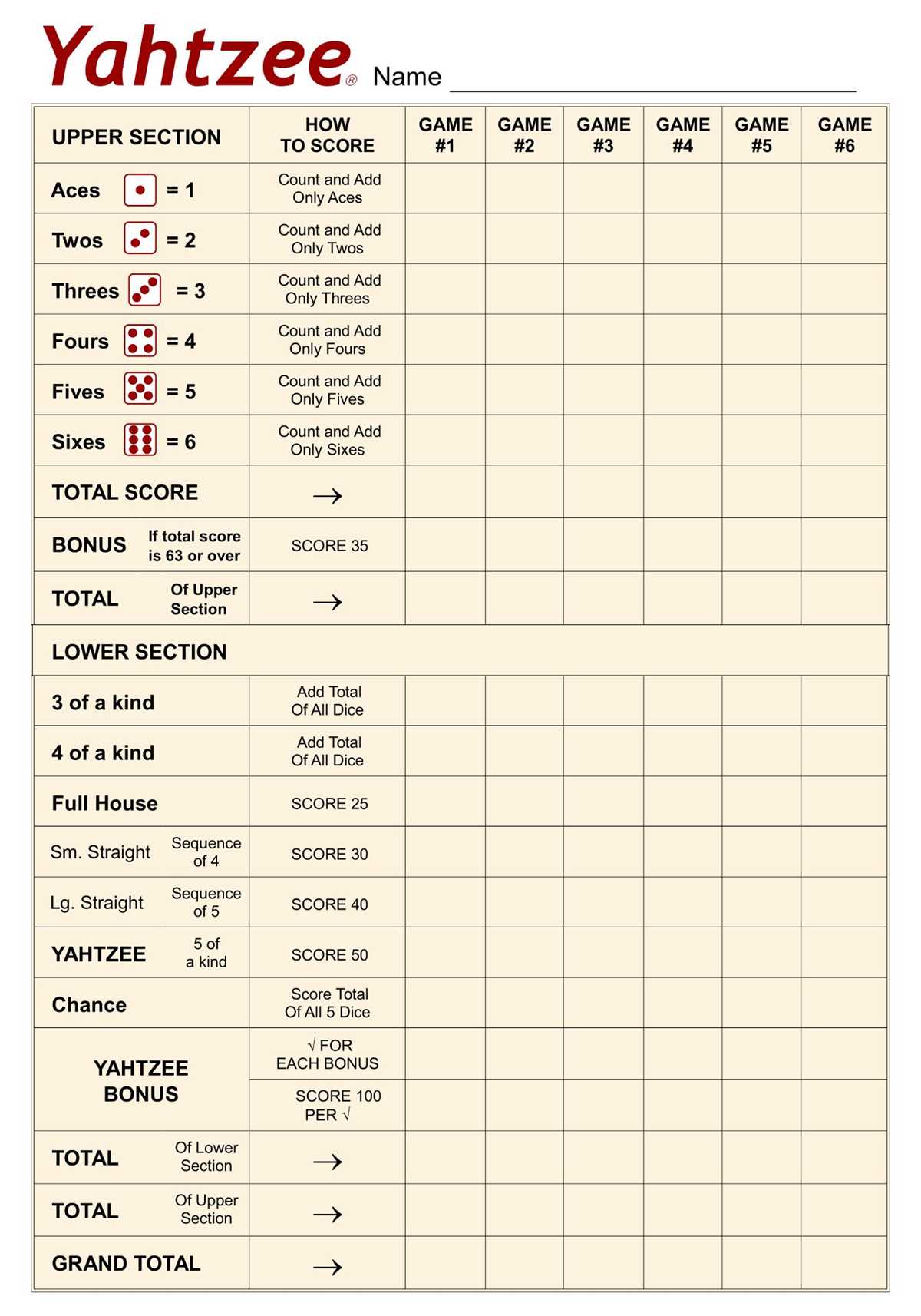 printable yahtzee score cards