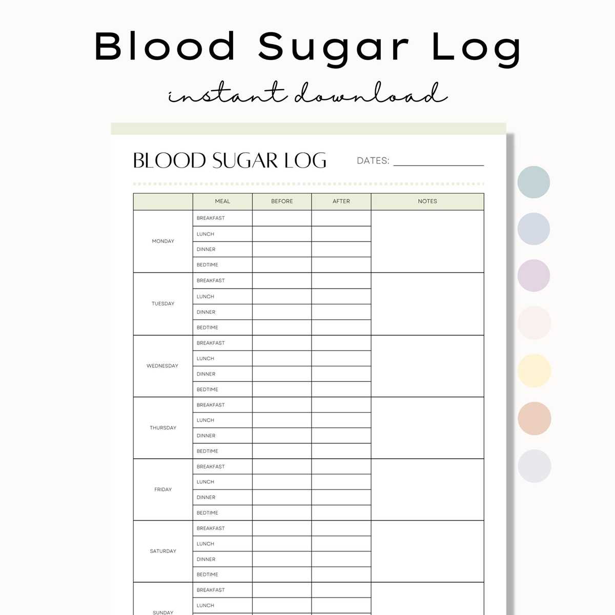 blood sugar and food log printable