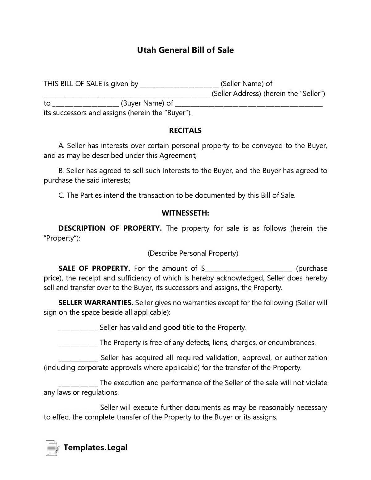 utah bill of sale printable