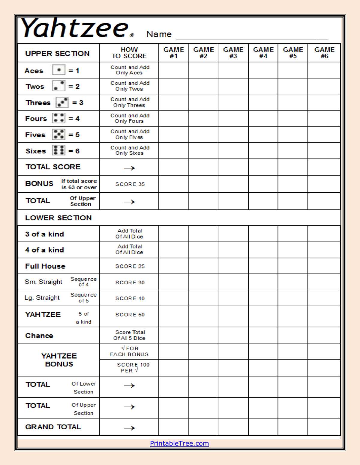 yahtzee printable score sheet