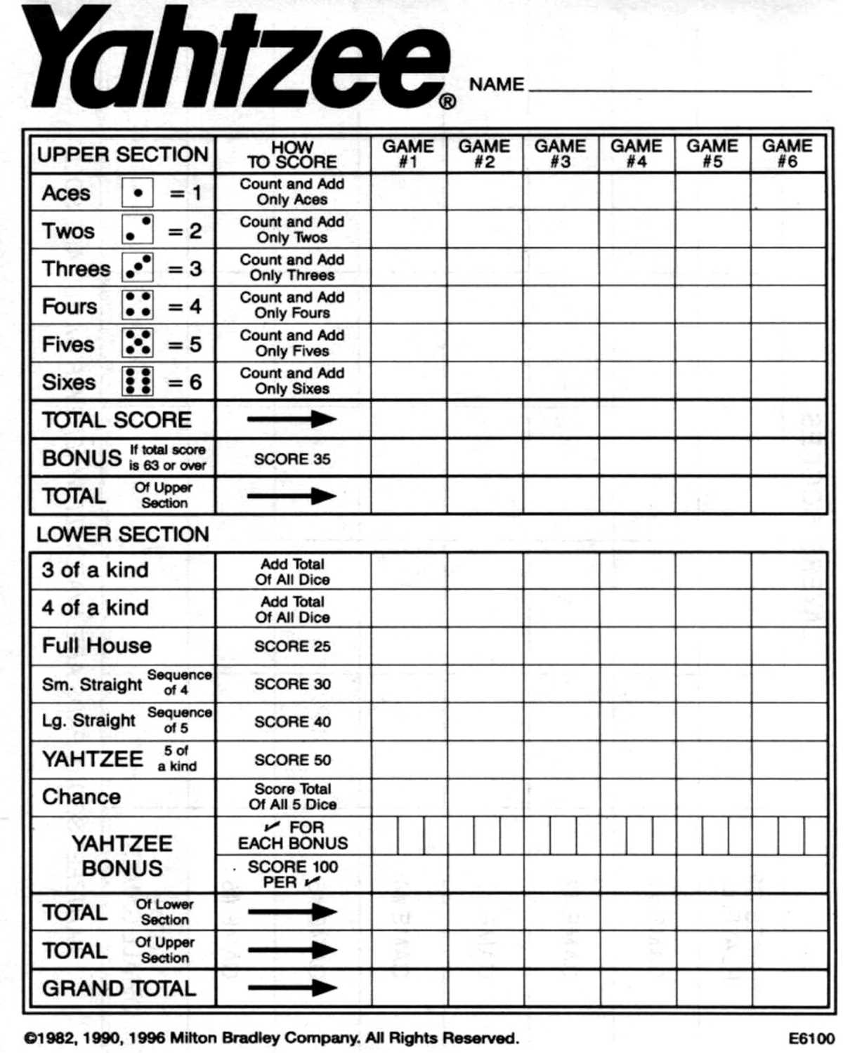 yahtzee printable sheet