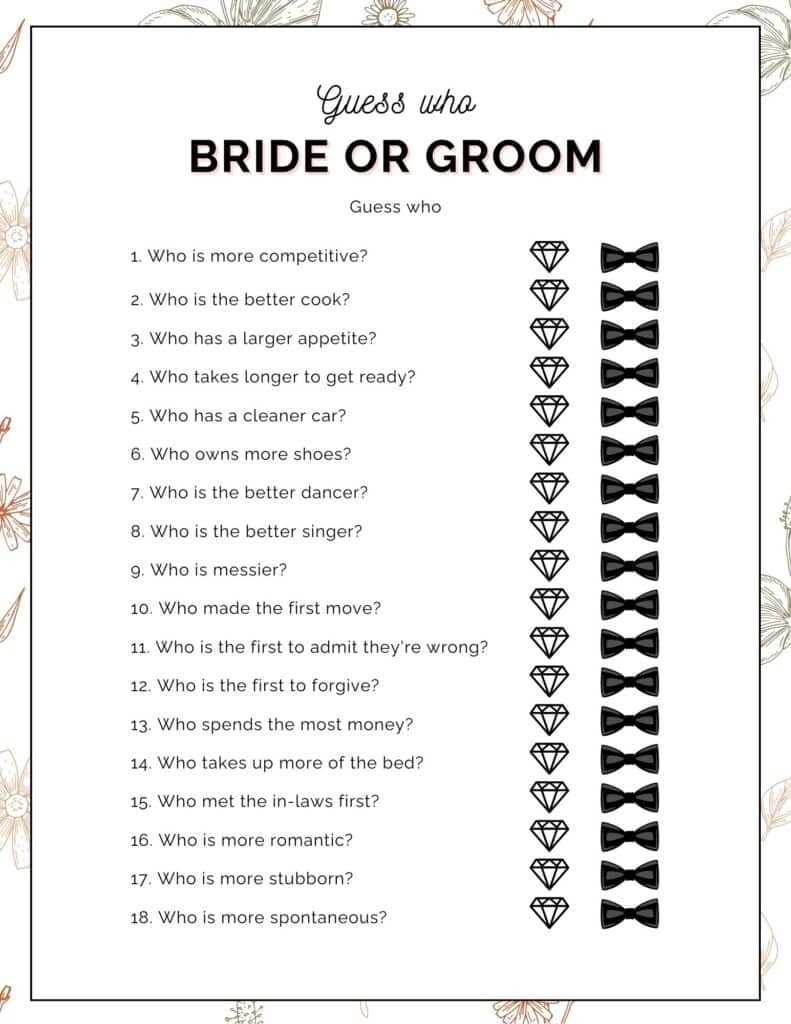 bridal shower games free printable