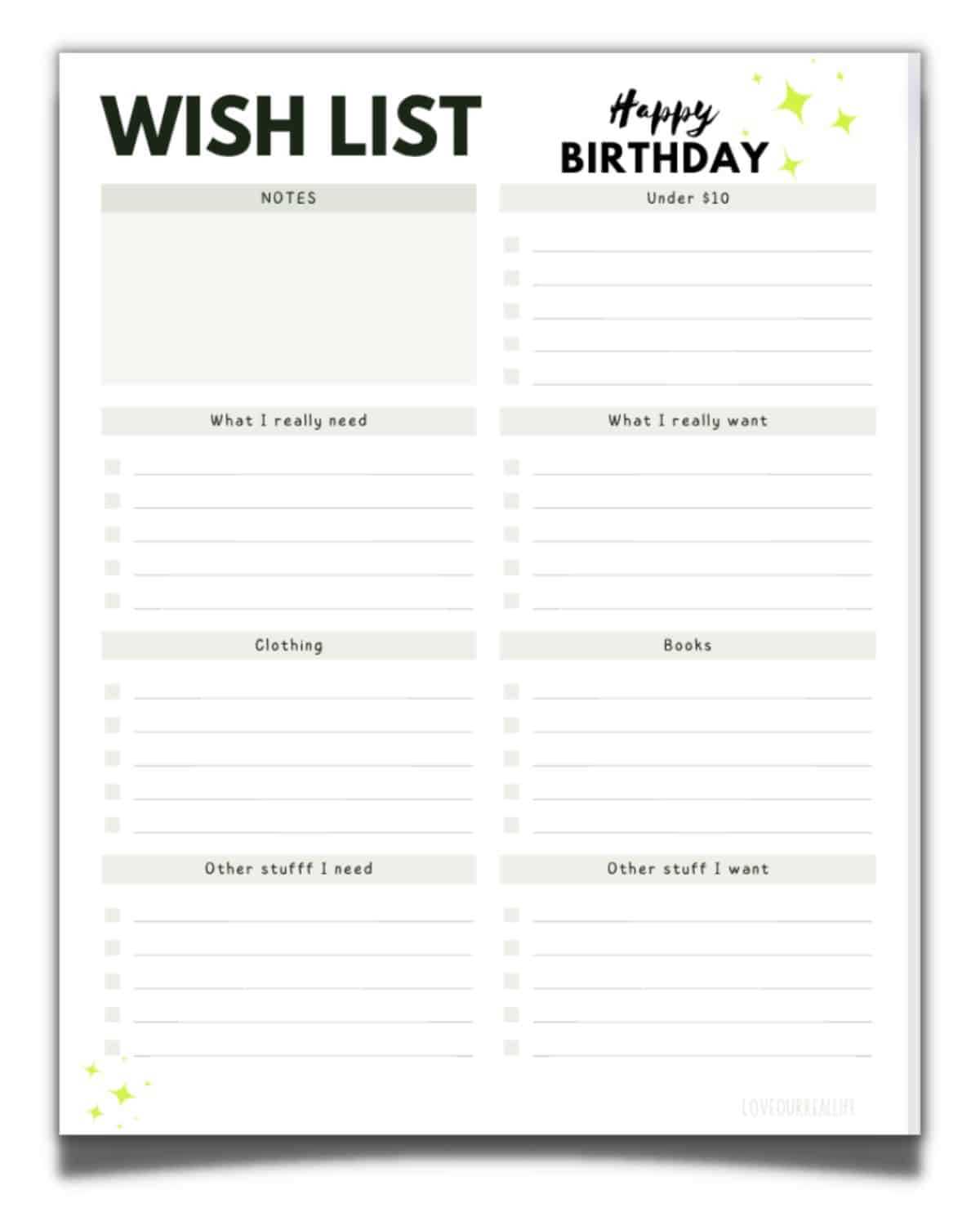 birthday wish list printable
