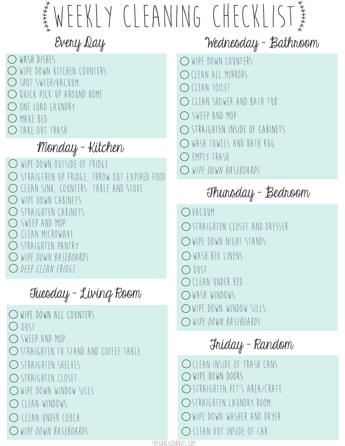 weekly house cleaning checklist printable
